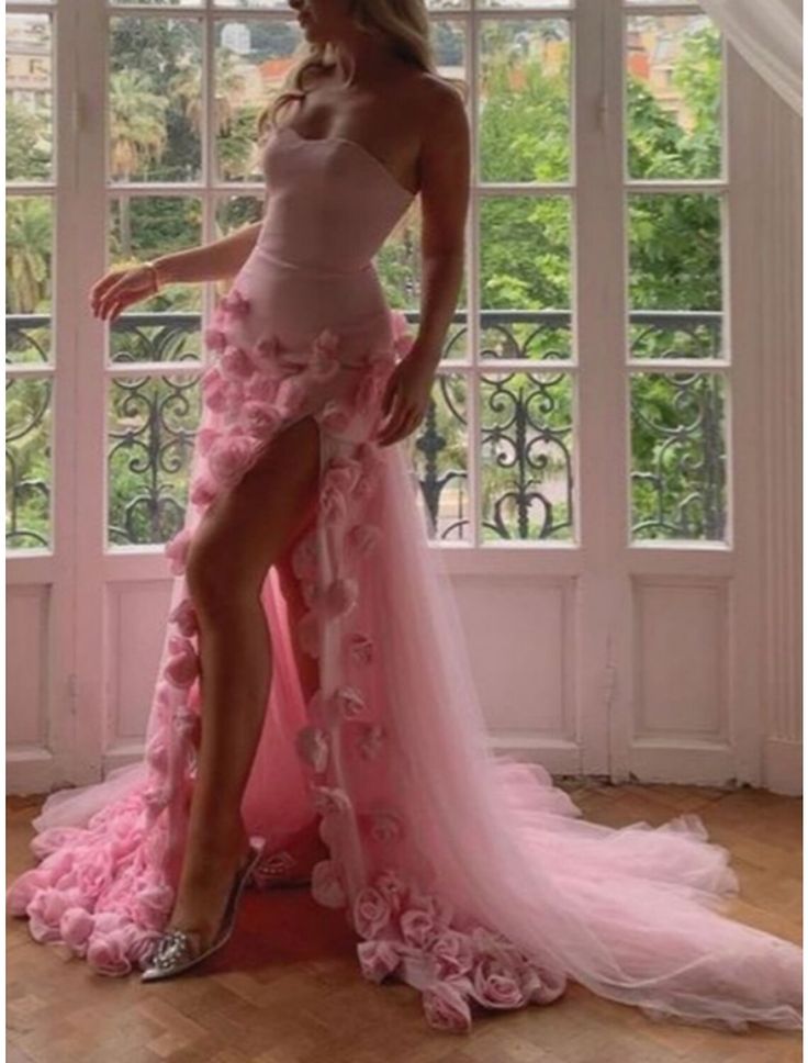 A line Sexy Sweetheart Sleeveless Pink Slit Flowers Prom Dress