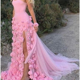 A line Sexy Sweetheart Sleeveless Pink Slit Flowers Prom Dress