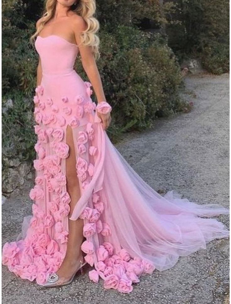 A line Sexy Sweetheart Sleeveless Pink Slit Flowers Prom Dress