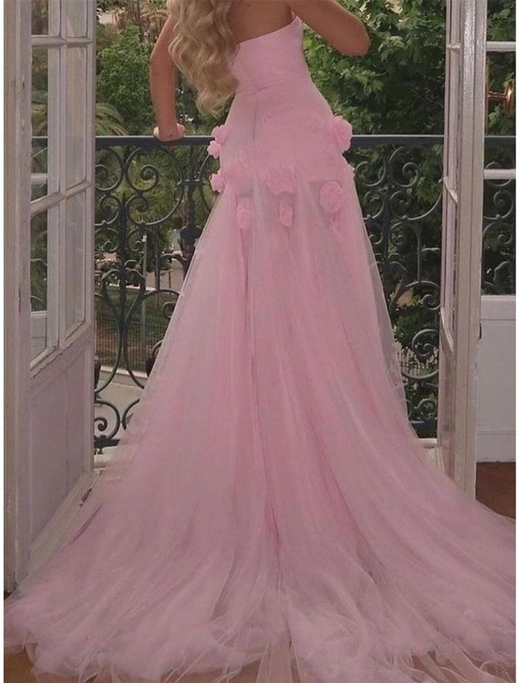 A line Sexy Sweetheart Sleeveless Pink Slit Flowers Prom Dress