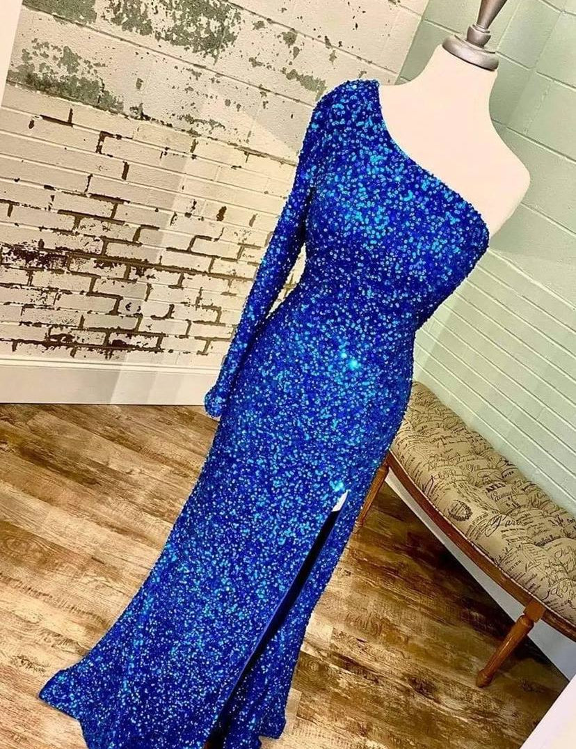 One-shoulder Long Sleeve Tiffany Blue Sequins Long Formal Dress