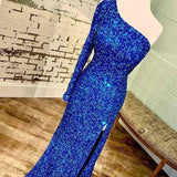 One-shoulder Long Sleeve Tiffany Blue Sequins Long Formal Dress