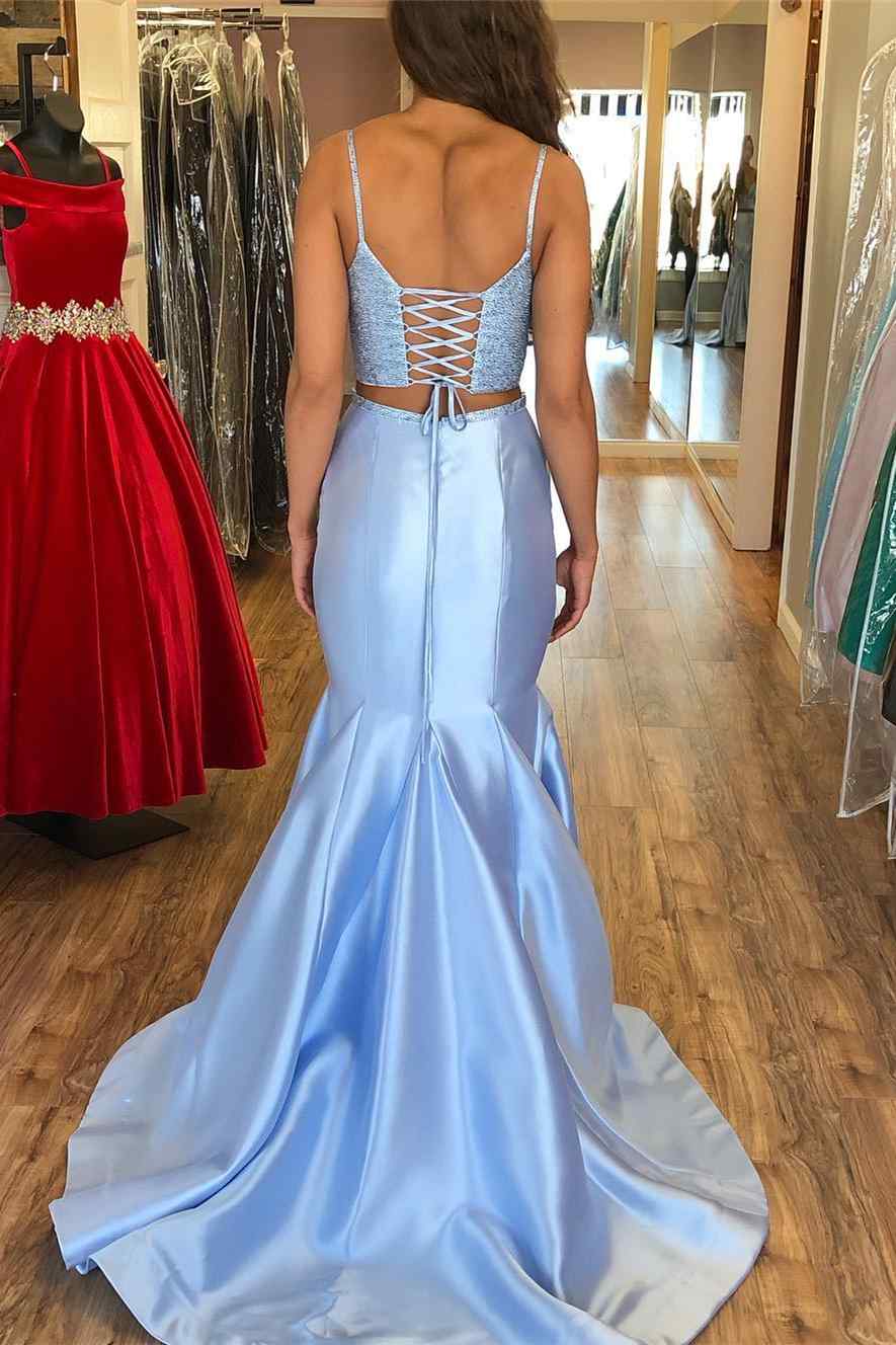 Two Piece Glitter Light Blue Straps Trumpet Long Prom Dress