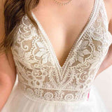 White Lace V-Neck Backless A-Line Tulle Wedding Dress