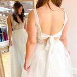 White Lace V-Neck Backless A-Line Tulle Wedding Dress