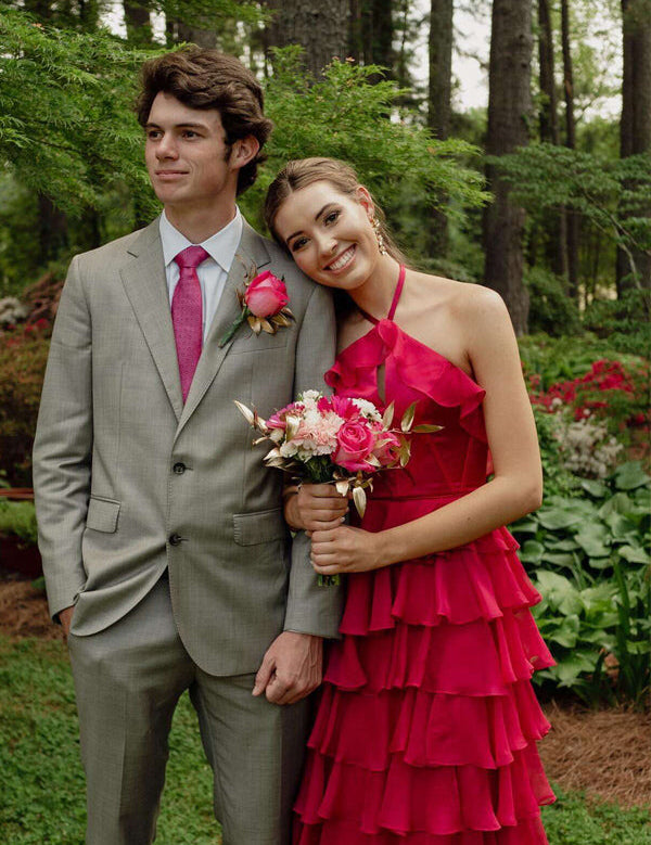 Halter Keyhole Ruffle Tiered Prom Dress with Slit