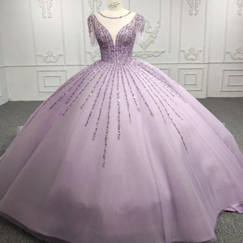 Quinceanera Dress Princess Sheer Neck Long Prom Dresses Short Sleeves Ball Gown