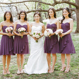 Simple Sweetheart Chiffon Purple Short Pleats Bridesmaid Dress