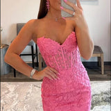 Pink Tight Short Homecoming Dress with Appliques