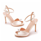 Satin Pearl Peep Toe Stiletto Ankle Strap Buckle Ultra High Heels