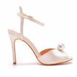 Satin Pearl Peep Toe Stiletto Ankle Strap Buckle Ultra High Heels