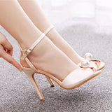 Satin Pearl Peep Toe Stiletto Ankle Strap Buckle Ultra High Heels