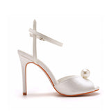 Satin Pearl Peep Toe Stiletto Ankle Strap Buckle Ultra High Heels