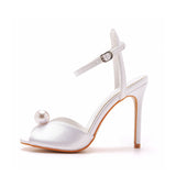 Satin Pearl Peep Toe Stiletto Ankle Strap Buckle Ultra High Heels