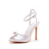 Satin Pearl Peep Toe Stiletto Ankle Strap Buckle Ultra High Heels