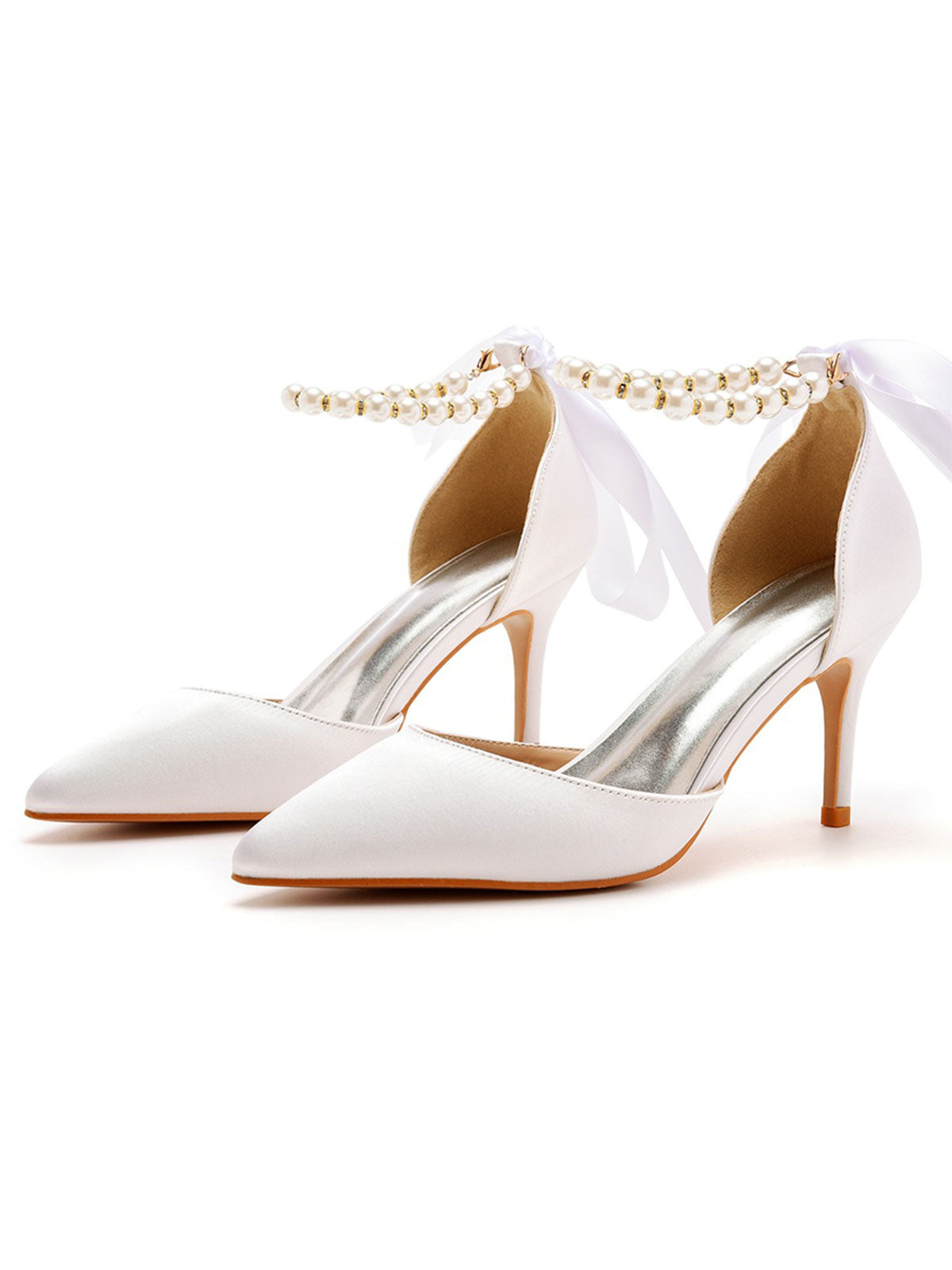 Pearl Ribbon Pointed Toe Ankle Strap Satin High Heels