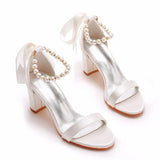 Elegant Pearl Ribbon Tie Satin Open Toe Ankle Strap Block High Heels