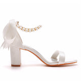 Elegant Pearl Ribbon Tie Satin Open Toe Ankle Strap Block High Heels