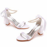 Elegant Pearl Ribbon Tie Satin Open Toe Ankle Strap Block High Heels