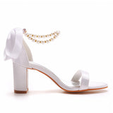 Elegant Pearl Ribbon Tie Satin Open Toe Ankle Strap Block High Heels