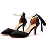 Satin Pearl Ribbon Tie Pointed Toe Ankle Strap High Heels