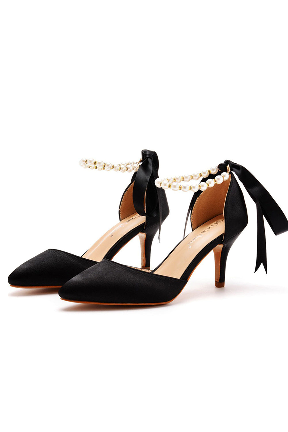 Satin Pearl Ribbon Tie Pointed Toe Ankle Strap High Heels