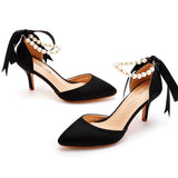 Satin Pearl Ribbon Tie Pointed Toe Ankle Strap High Heels