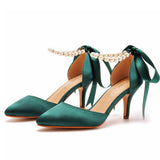 Satin Pearl Ribbon Tie Pointed Toe Ankle Strap High Heels