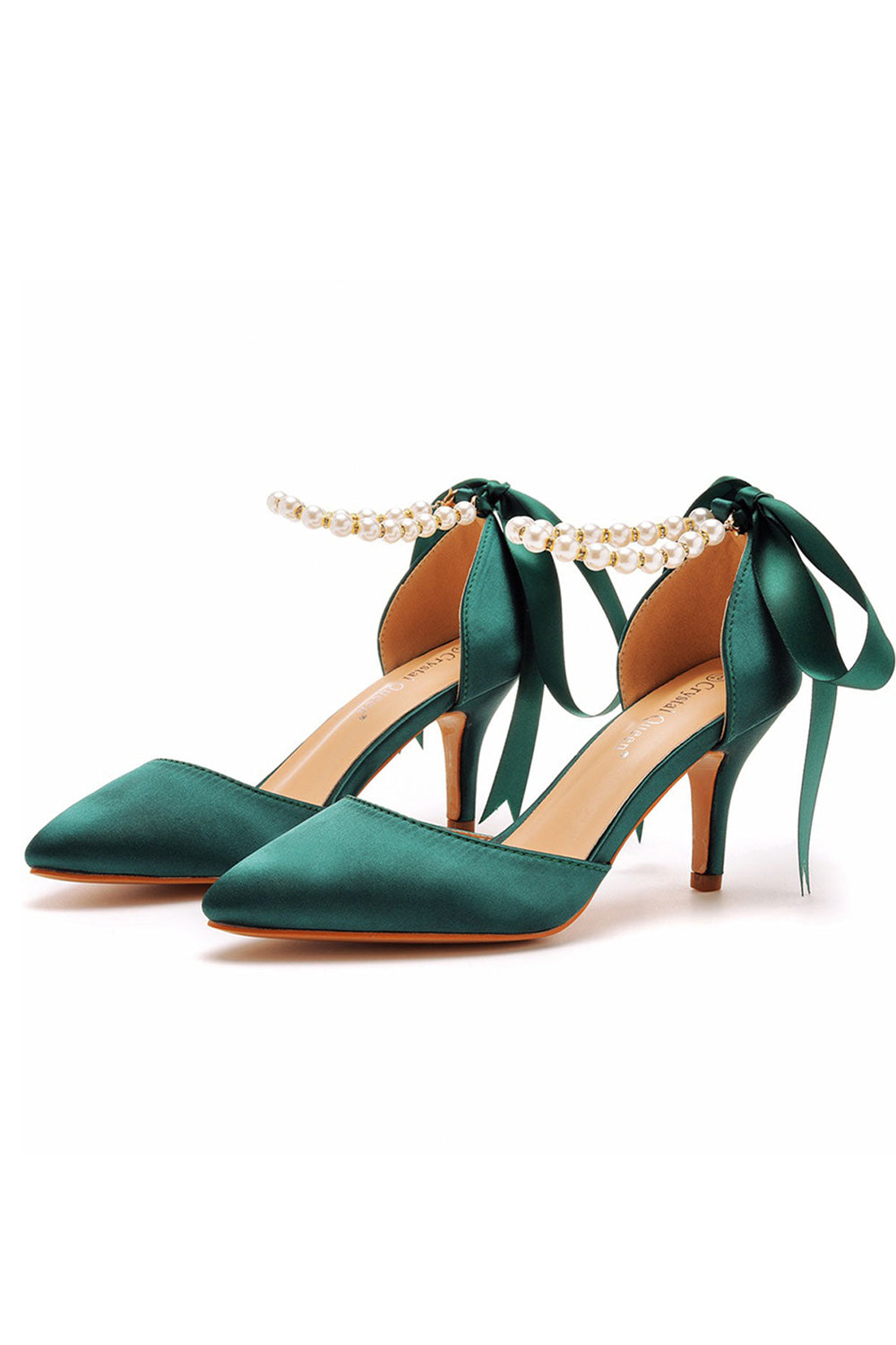 Satin Pearl Ribbon Tie Pointed Toe Ankle Strap High Heels