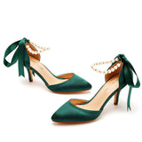 Satin Pearl Ribbon Tie Pointed Toe Ankle Strap High Heels