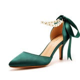 Satin Pearl Ribbon Tie Pointed Toe Ankle Strap High Heels