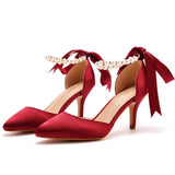 Satin Pearl Ribbon Tie Pointed Toe Ankle Strap High Heels