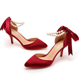 Satin Pearl Ribbon Tie Pointed Toe Ankle Strap High Heels