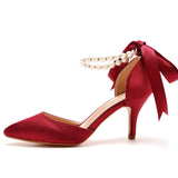 Satin Pearl Ribbon Tie Pointed Toe Ankle Strap High Heels