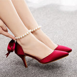 Satin Pearl Ribbon Tie Pointed Toe Ankle Strap High Heels