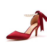 Satin Pearl Ribbon Tie Pointed Toe Ankle Strap High Heels