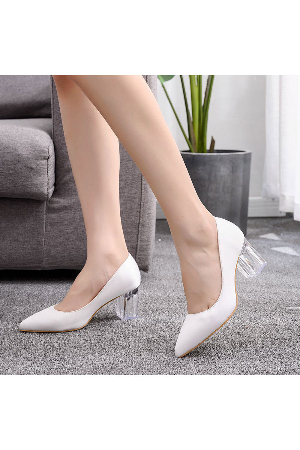 Simple White Pointed Toe Transparent Block Heels