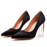 Simple Satin Slip on Pointed Toe Transparent Block Heels