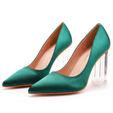 Simple Satin Slip on Pointed Toe Transparent Block Heels