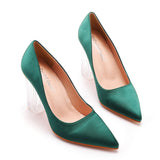 Simple Satin Slip on Pointed Toe Transparent Block Heels