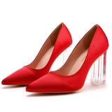 Simple Satin Slip on Pointed Toe Transparent Block Heels