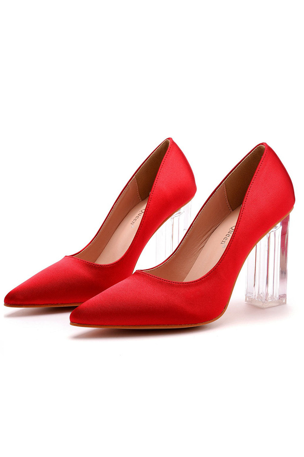 Simple Satin Slip on Pointed Toe Transparent Block Heels