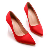 Simple Satin Slip on Pointed Toe Transparent Block Heels