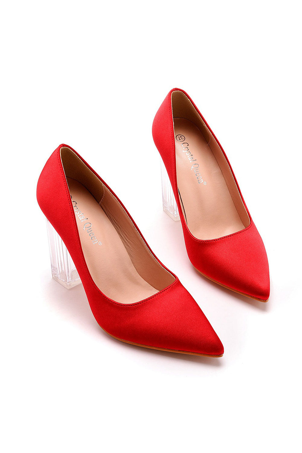 Simple Satin Slip on Pointed Toe Transparent Block Heels