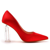 Simple Satin Slip on Pointed Toe Transparent Block Heels