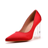 Simple Satin Slip on Pointed Toe Transparent Block Heels