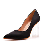 Simple Satin Slip on Pointed Toe Transparent Block Heels