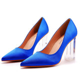 Simple Satin Slip on Pointed Toe Transparent Block Heels