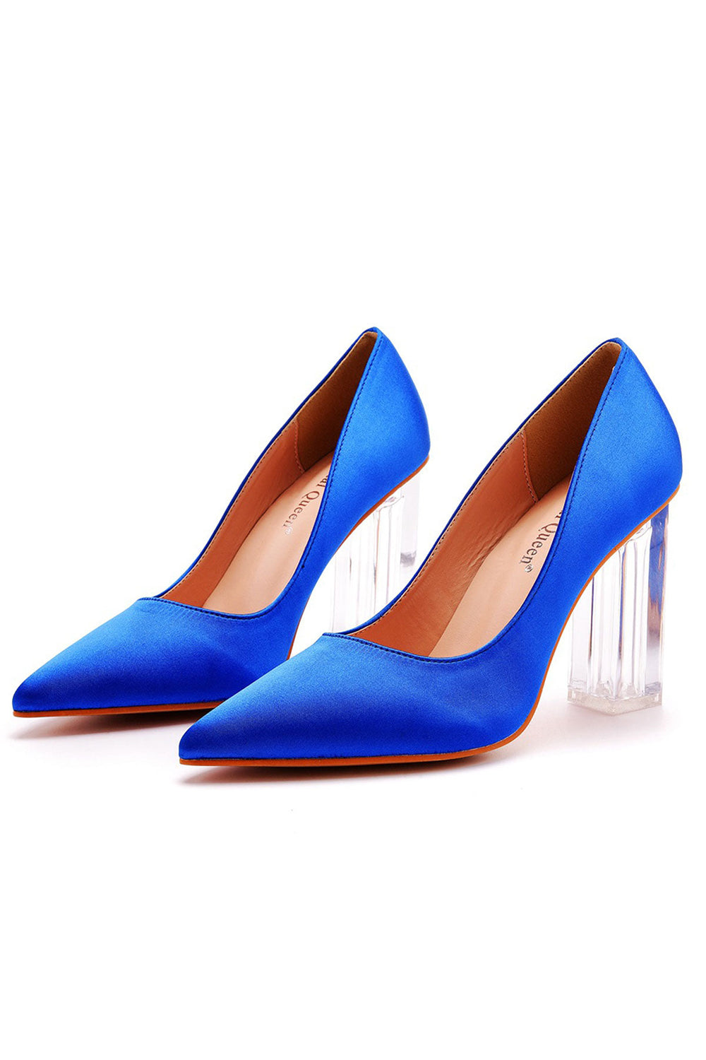 Simple Satin Slip on Pointed Toe Transparent Block Heels