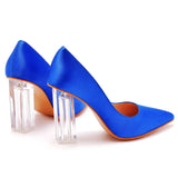 Simple Satin Slip on Pointed Toe Transparent Block Heels